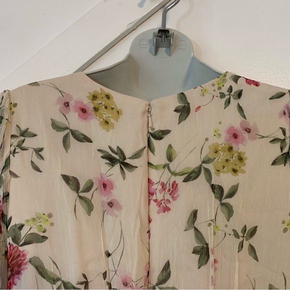 ML Monique Lhuillier Floral Print Pleated Chiffon Puff Sleeve Cutout Maxi Gown 2 - Picture 10 of 11